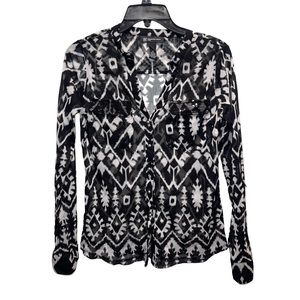 INC International Concepts - Black/White Pattern Sheer Mesh Button Down (Petite)